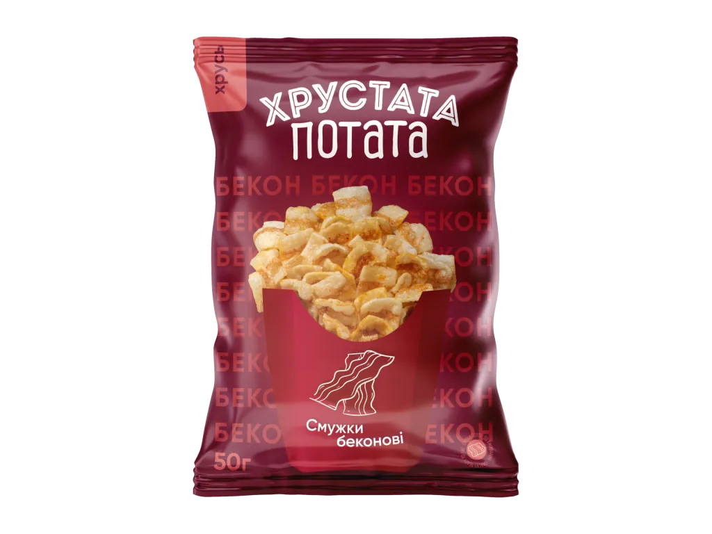 Хрустата Потата — снеки зі смаком бекону, упаковка 50 г