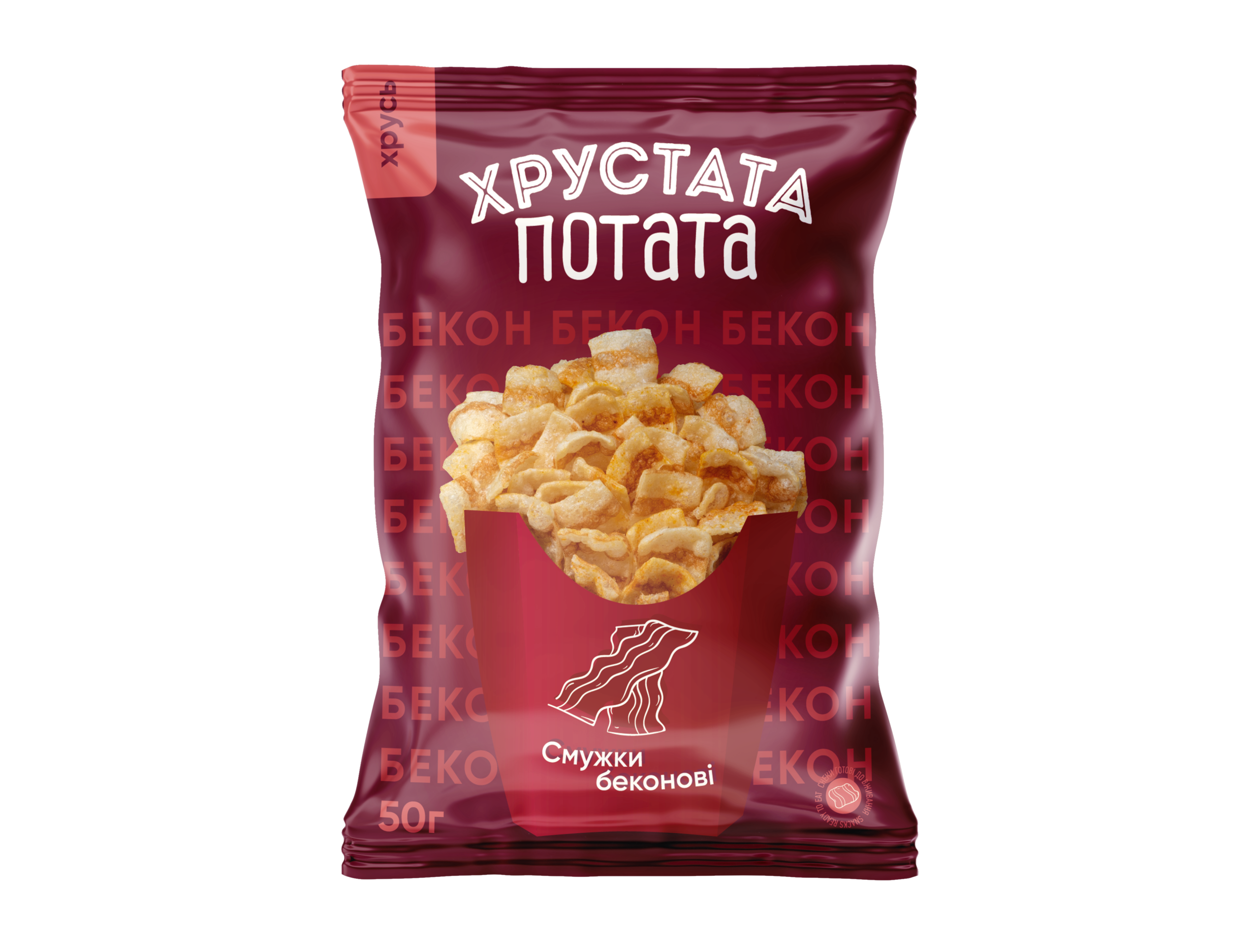 Хрустата Потата — снеки зі смаком бекону, упаковка 50 г